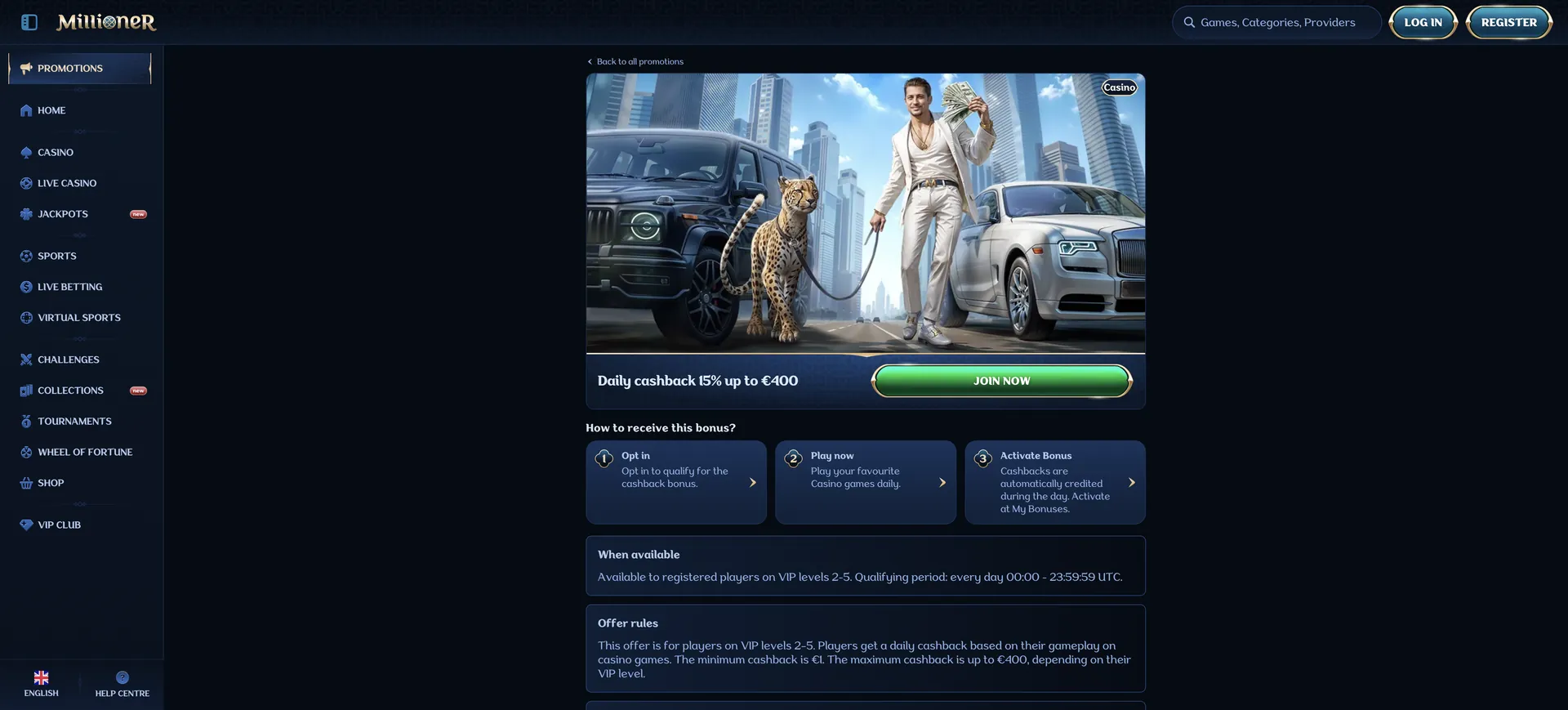 Millioner Casino Avis: Daily Cashback 15